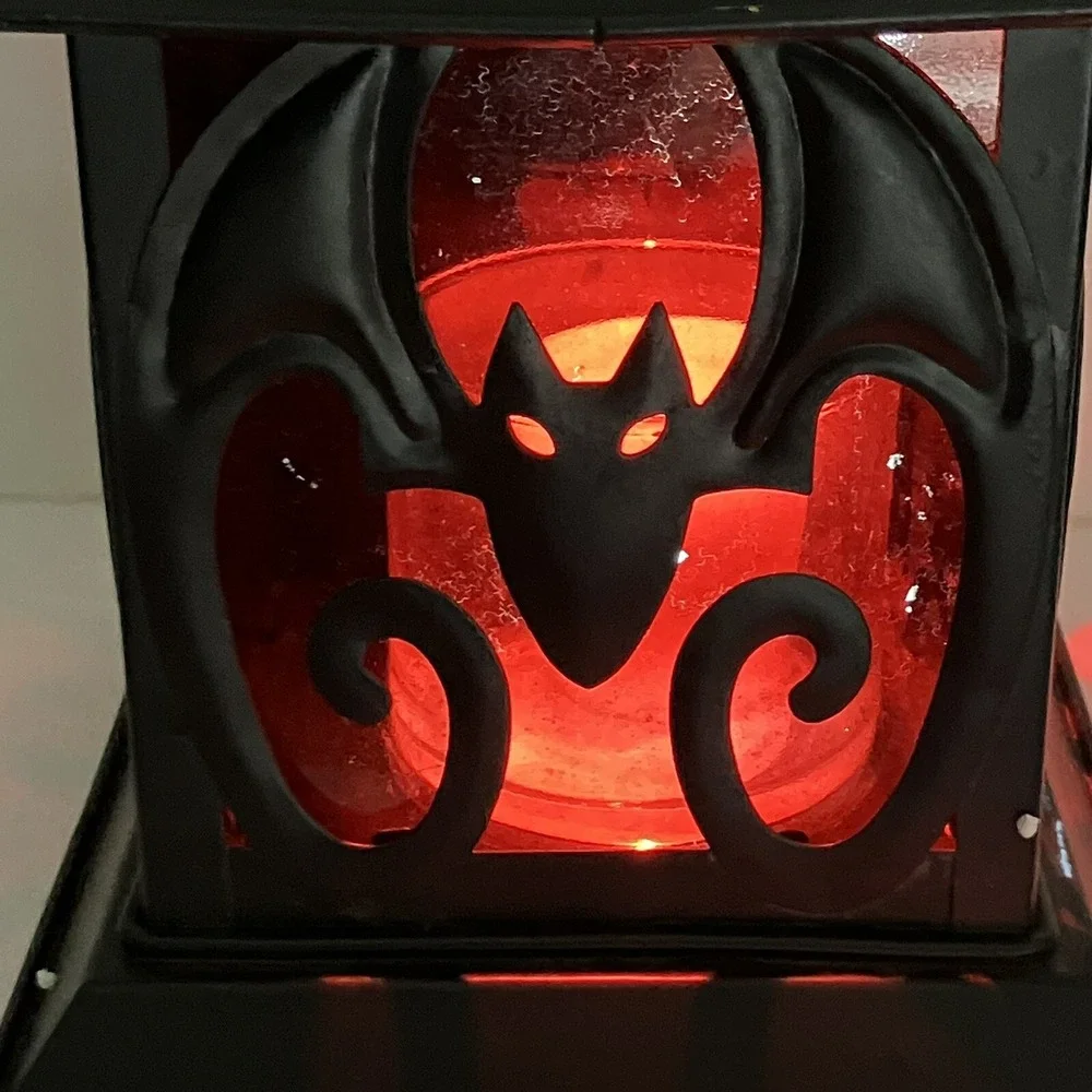 Illuminations Votive Lantern / Bats / Black Metal / Tea Light Holder / Red Glass